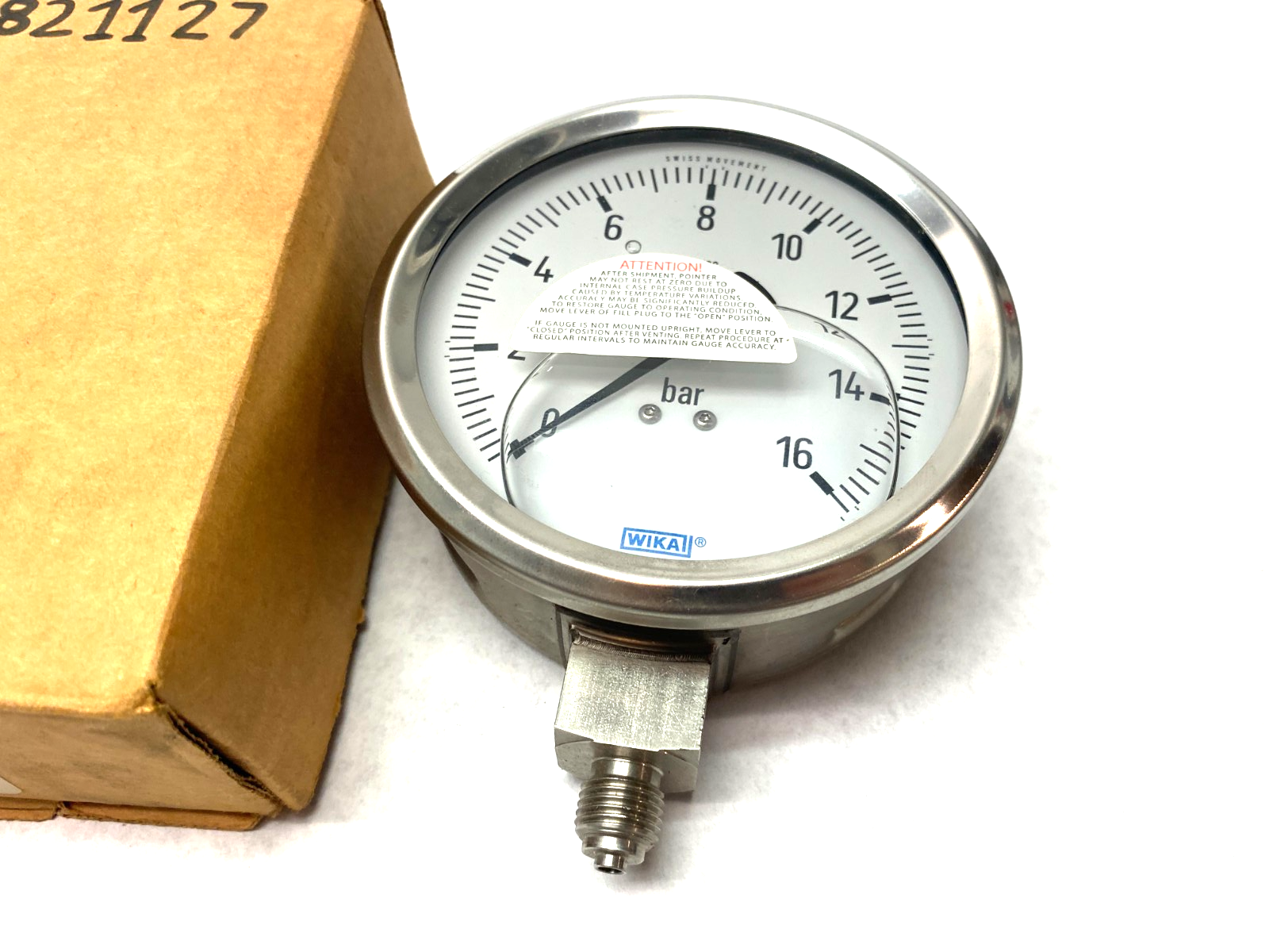 Wika 52821127 Pressure Gauge: 4" Dial, 0 to 16 psi, 1/4" Thread, BSPP, Btm Mount - Maverick Industrial Sales