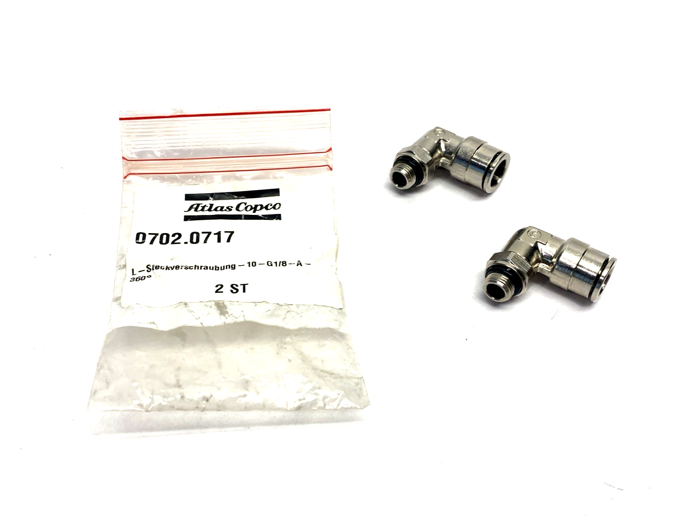 Atlas Copco 0702.0717 Elbow L Push Connect Fitting, 10mm Tube x G1/8", LOT OF 2 - New - Maverick Industrial Sales