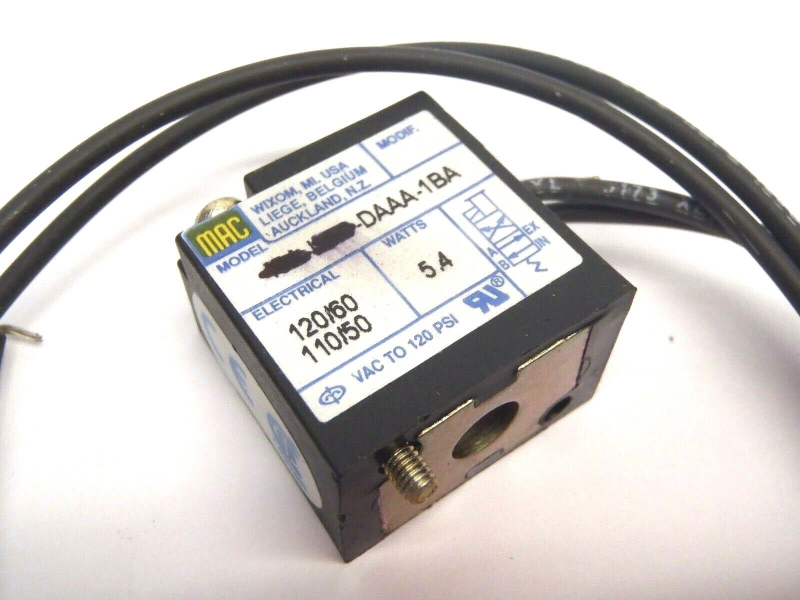 MAC 15A-L00-DAAA-1BA Valve Coil, 120/60 110/50, 5.4 Watts, VAC To 120 PSI - For parts or not working - Maverick Industrial Sales
