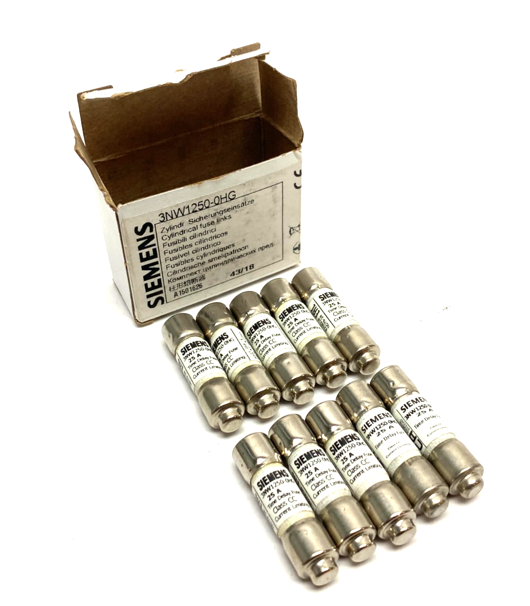 3NW1250-0HG | Siemens SENTRON Cylindrical Fuse, Slow-Blow, 25A, BOX OF 10- New – Open box - Maverick Industrial Sales
