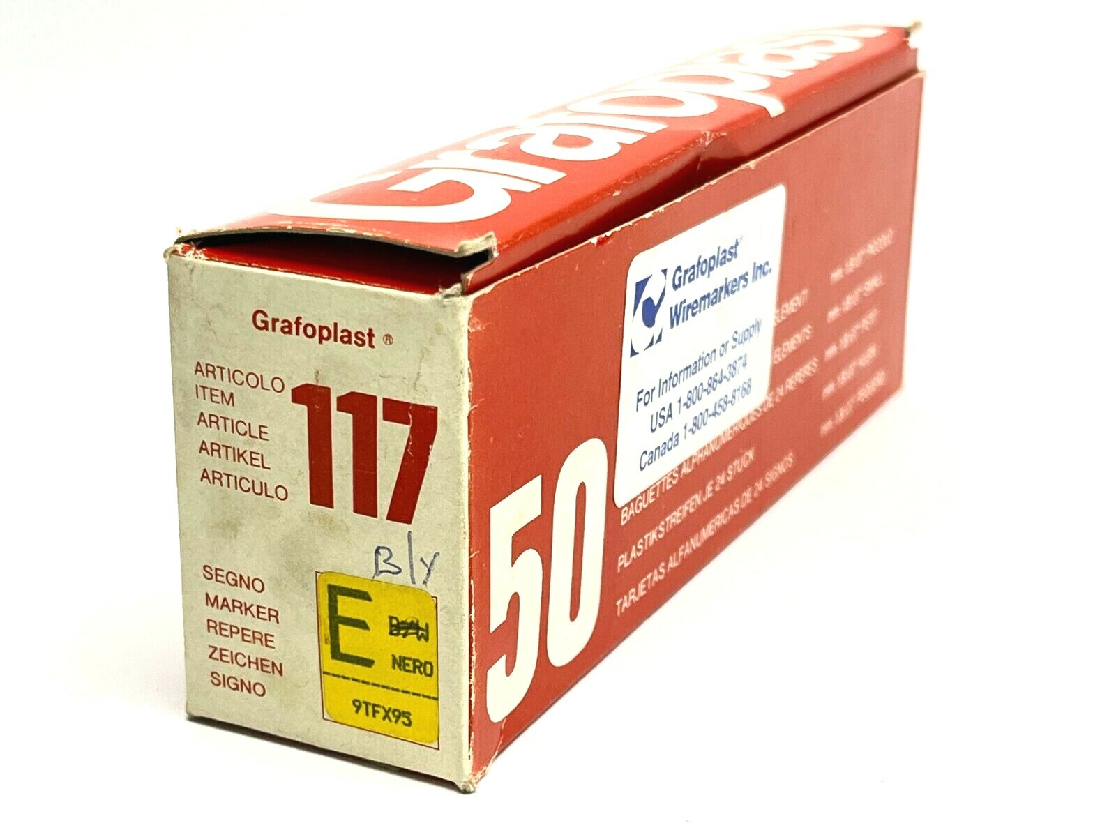 Grafoplast 117 Wire Markers E Black on Yellow 50 Strips 9TFX95 - New - Maverick Industrial Sales
