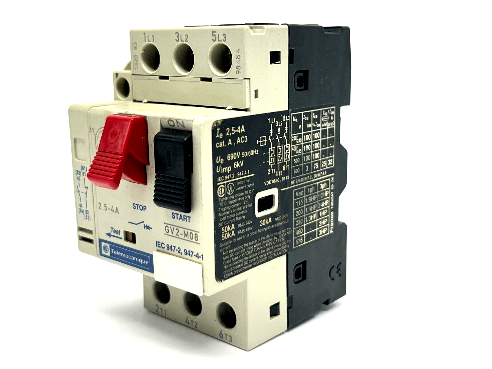 Telemecanique GV2-M08 Motor Circuit Breaker 2.5-4A w/ GV2-AN11 Auxiliary Block - Maverick Industrial Sales