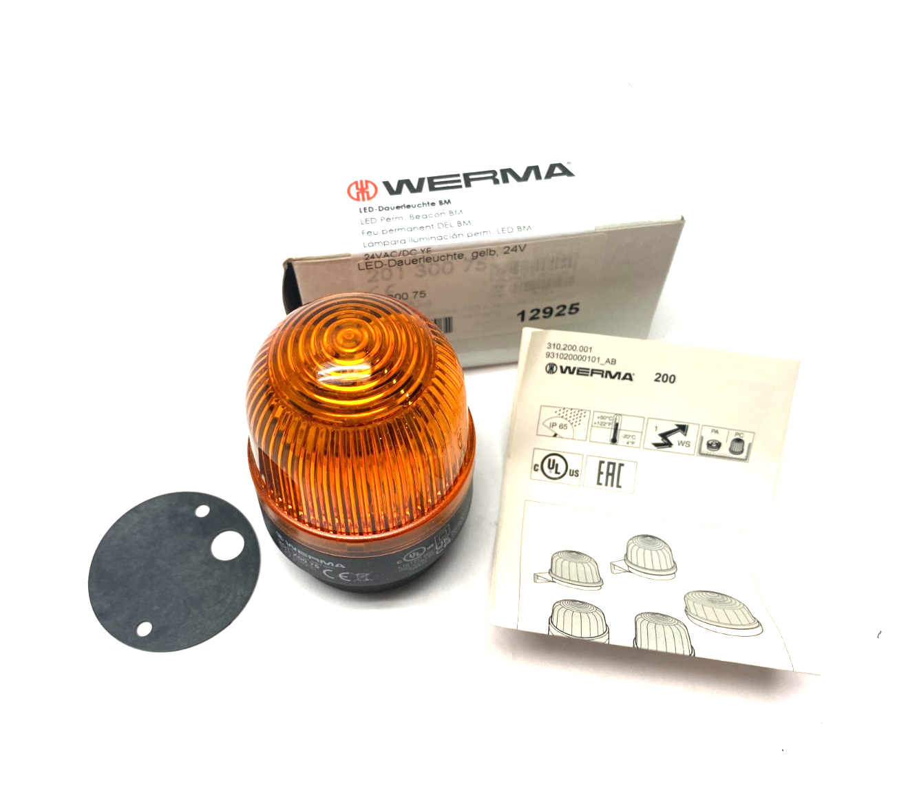Werma 201 300 75 Permanent LED Beacon BM 24V AC/DC Yellow - New – Open box - Maverick Industrial Sales