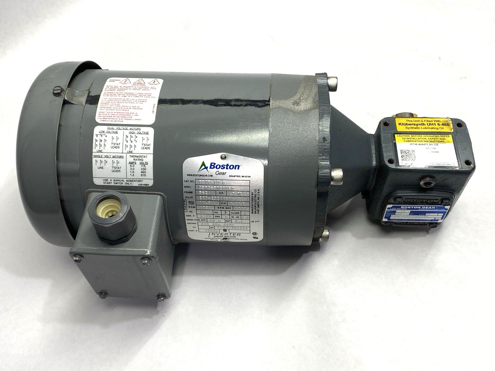 Boston Gear FUTF-1D-B AC Motor 460V 19583 w/ F710-40KPT-B5-G6 Gear Reducer 40:1 - Used - Maverick Industrial Sales