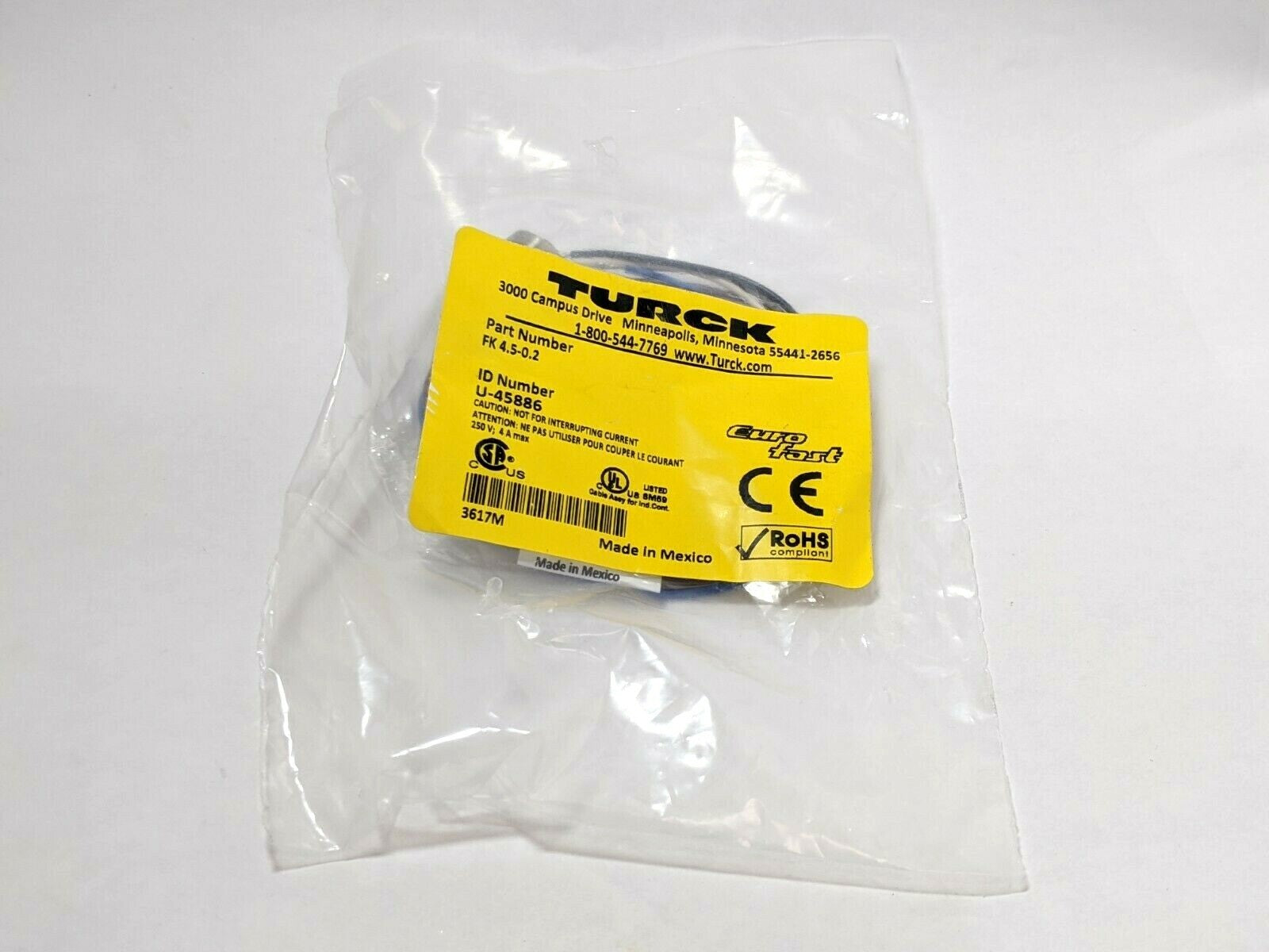Turck FK 4.5-0.2 Connector M12 Female, 5 Wire 0.2m U-45886 - Maverick Industrial Sales