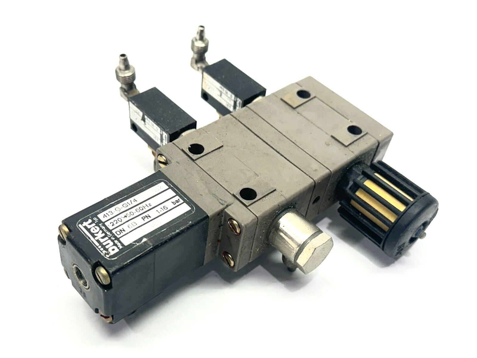 Burkert 413-G-G1/4 Solenoid Valve And Manifold Assembly w/2X 491/000A NW3/G1/8 - Maverick Industrial Sales