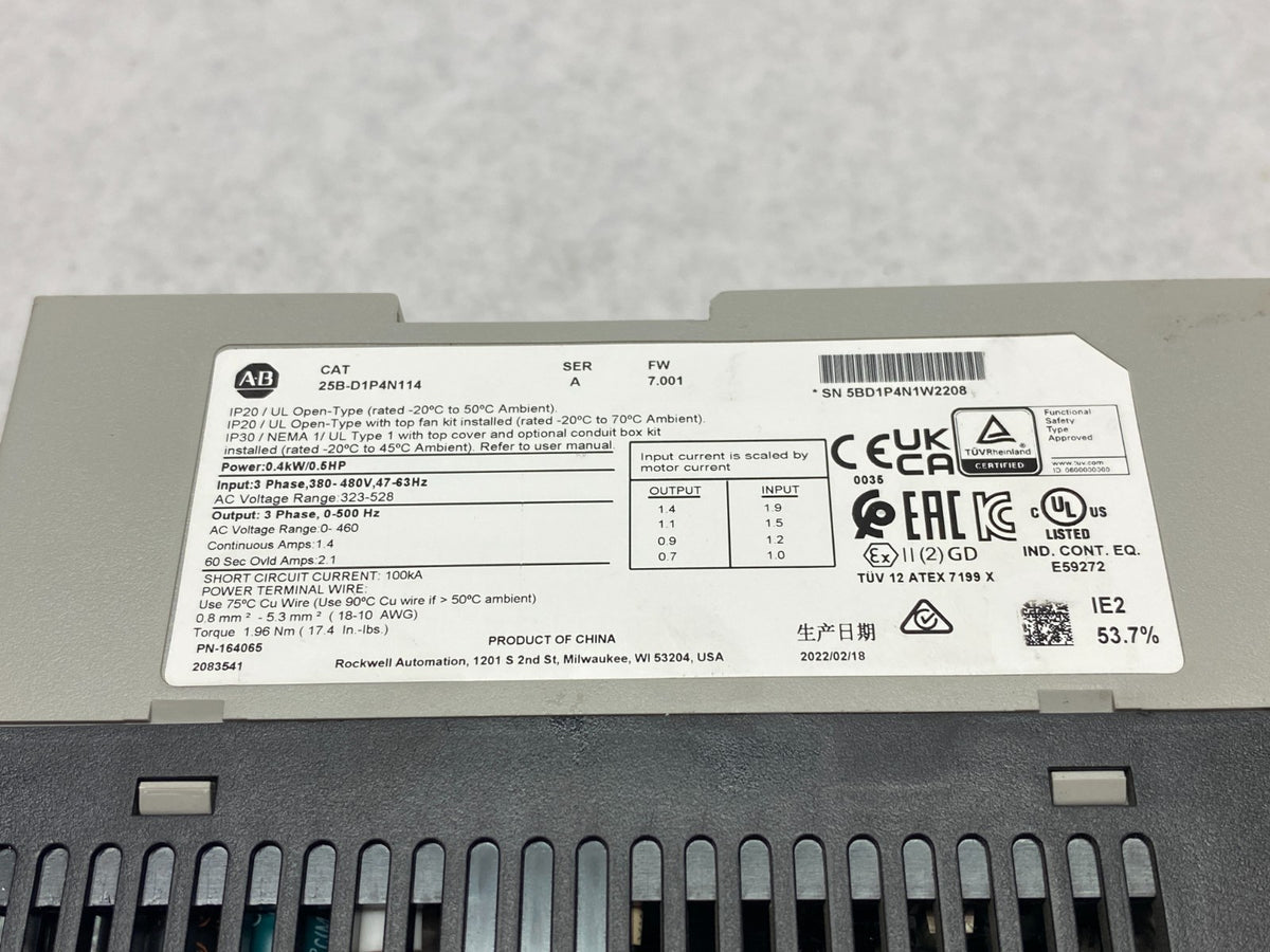 25B-D1P4N114 | Allen Bradley Ser. A PowerFlex 525 0.4kW 0.5HP AC Drive 3-Phase - Used - Maverick Industrial Sales