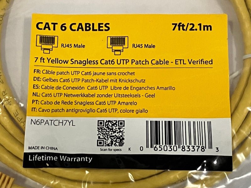 StarTech N6PATCH7YL Yellow Snagless Cat6 UTP Patch Cable RJ45 to RJ45 Male 7' - Maverick Industrial Sales