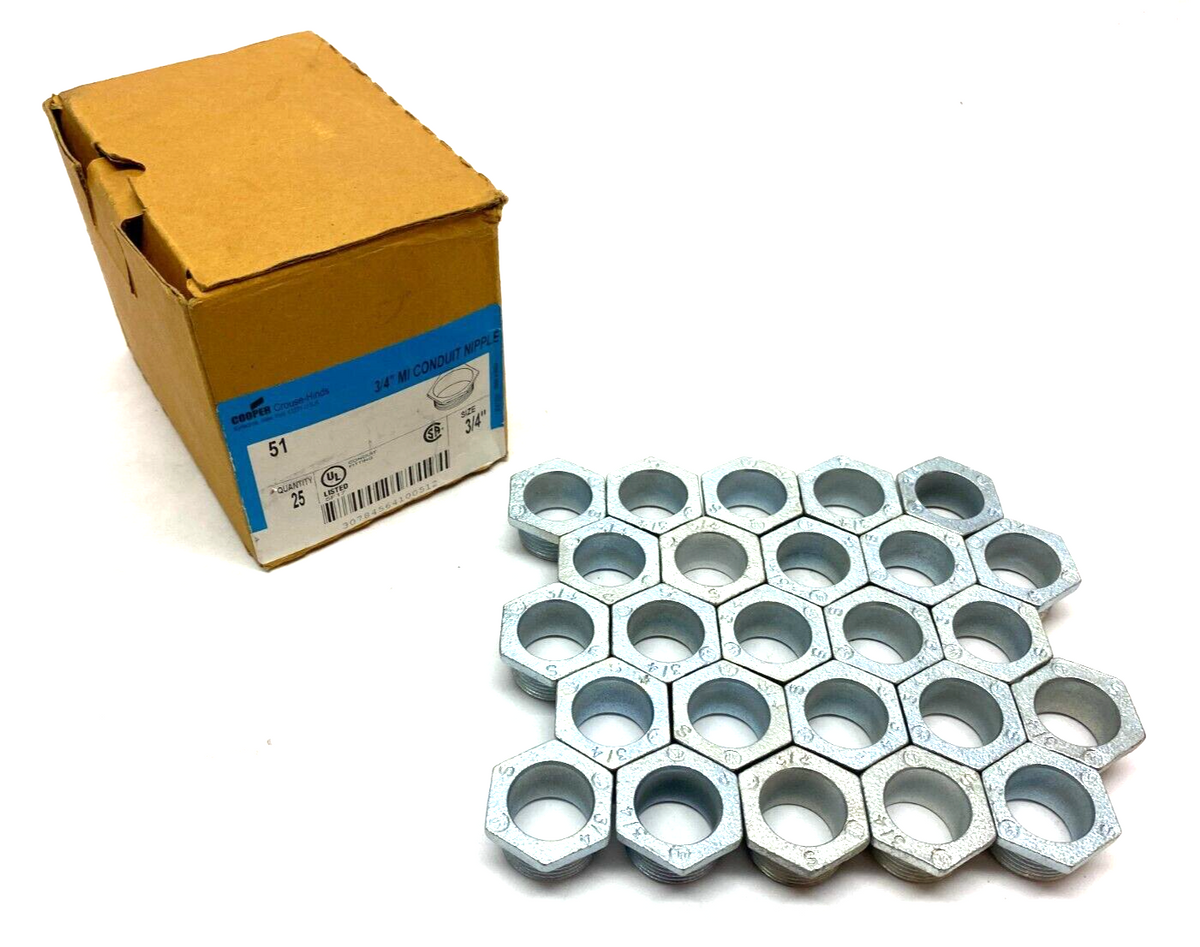 51 | Cooper Crouse Hinds Bushed Male Conduit Nipple 3/4" BOX OF 25 - New – Open box - Maverick Industrial Sales