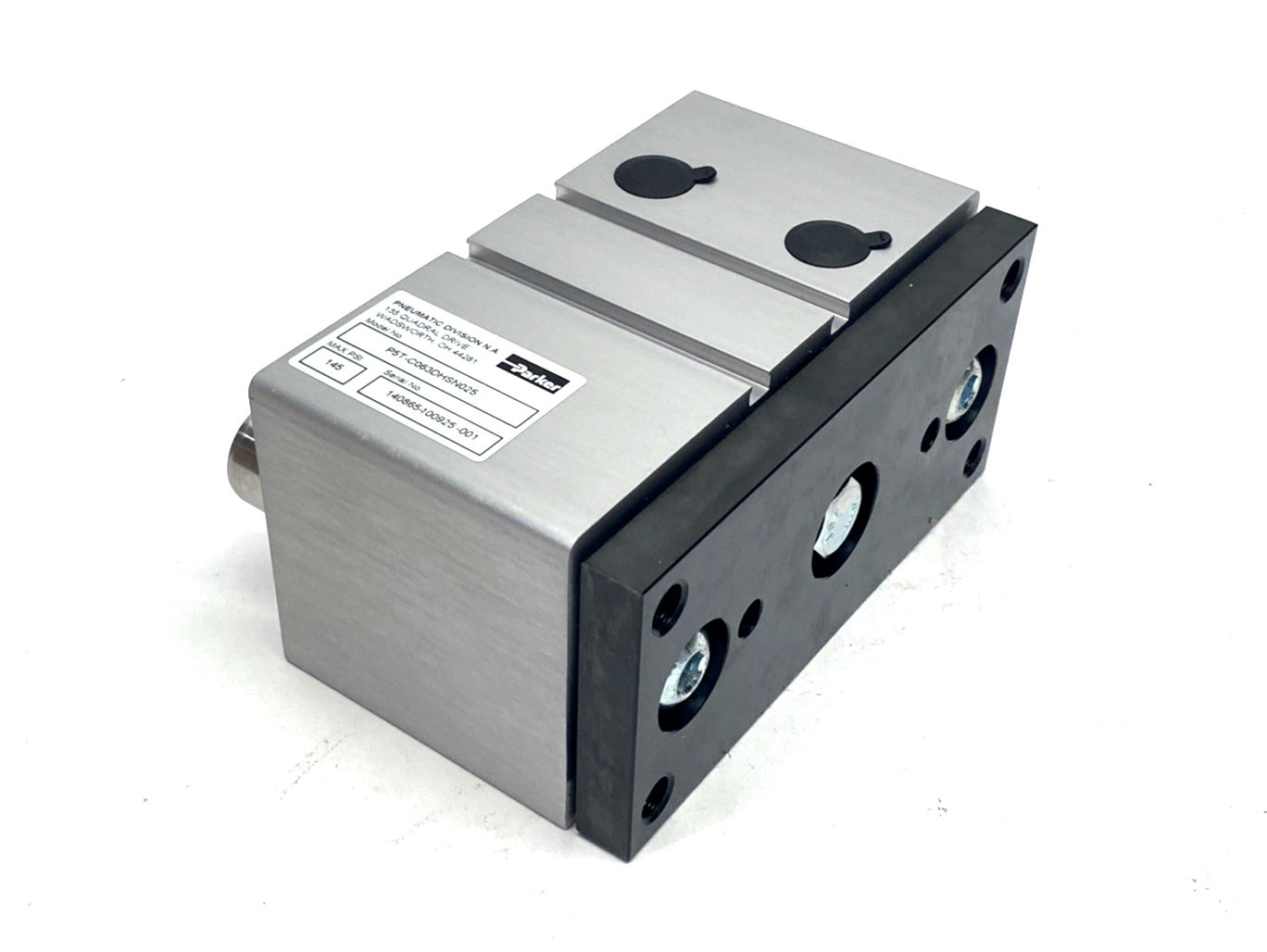 P5T-C063DHSN025 | Parker Pneumatic Guided Cylinder 145 PSI 63mm Bore 25mm Stroke - New – Open box - Maverick Industrial Sales