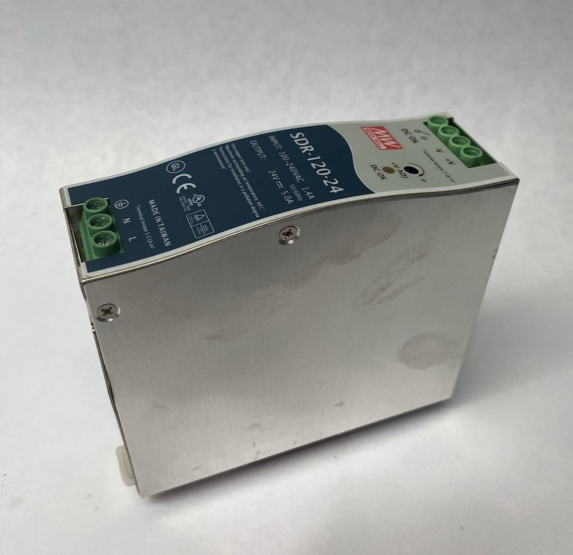 SDR-120-24 | Meanwell Industrial DIN Rail Power Supply, 100-240VAC 1.4A input- Used - Maverick Industrial Sales