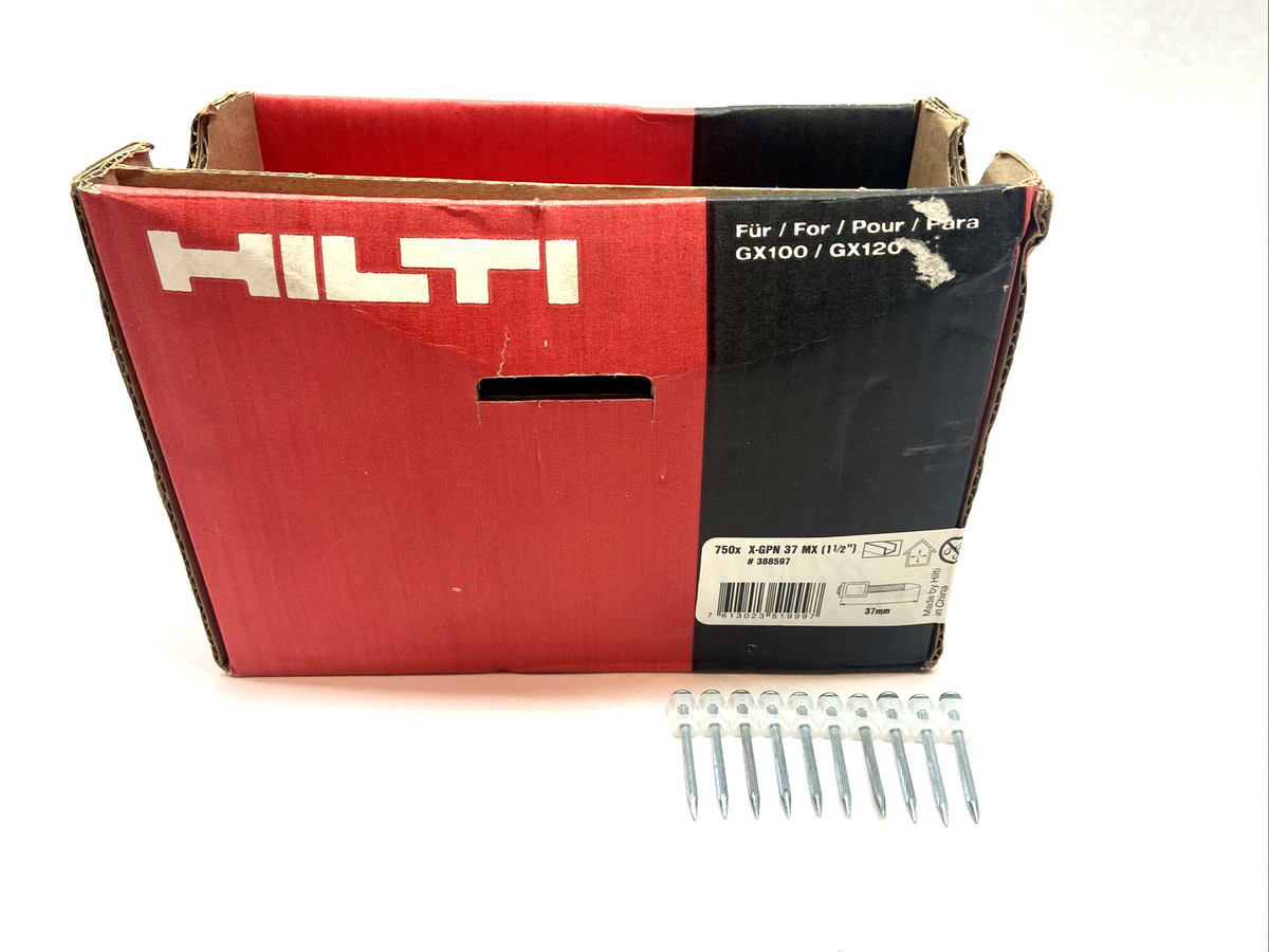 388597 | Hilti 750x X-GPN 37 MX Plywood Nails For GX120 Collated 1-1/2" BOX OF 750 - New – Open box - Maverick Industrial Sales