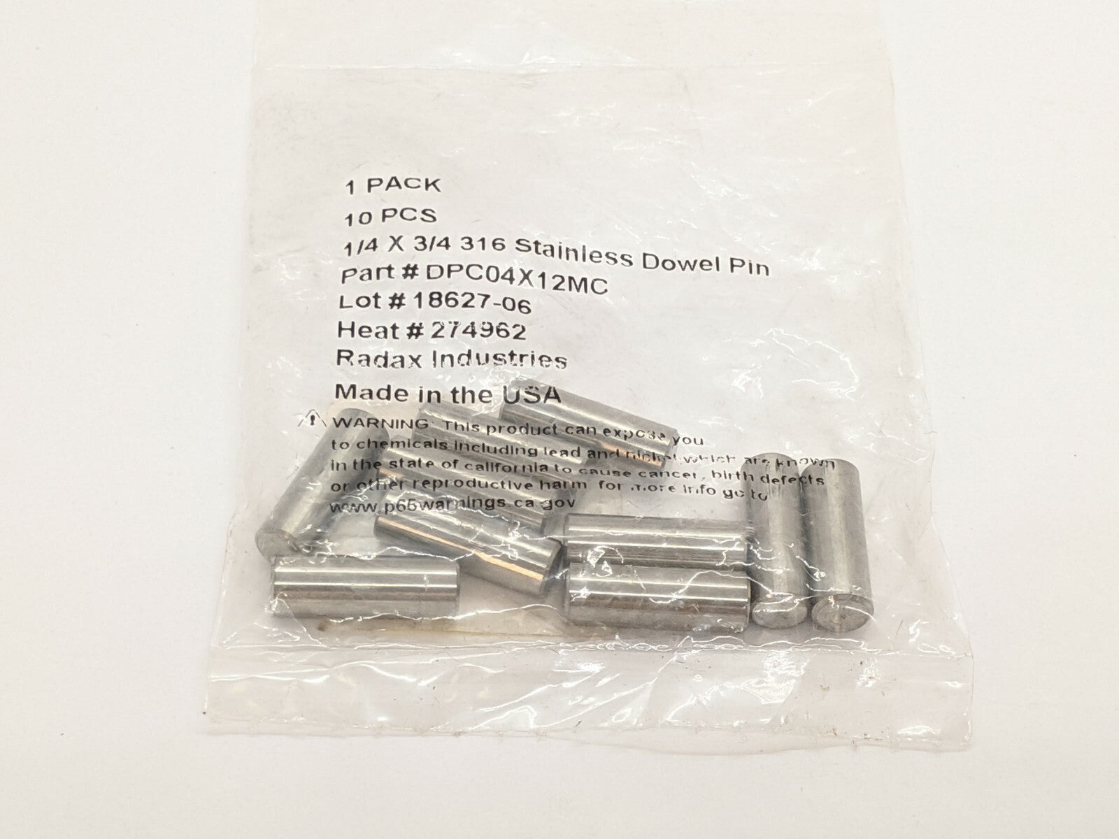 DPC04X12MC | Radax Industries Stainless Dowel Pin 1/4" x 3/4" PKG OF 10 - New - Maverick Industrial Sales