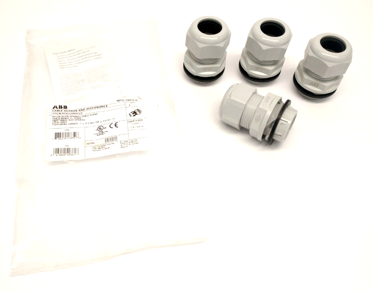 ABB NPG-1001LG Nylon Quick Connect Cable Gland 1" Thread 18-25mm Range LOT OF 4 - New – Open box - Maverick Industrial Sales