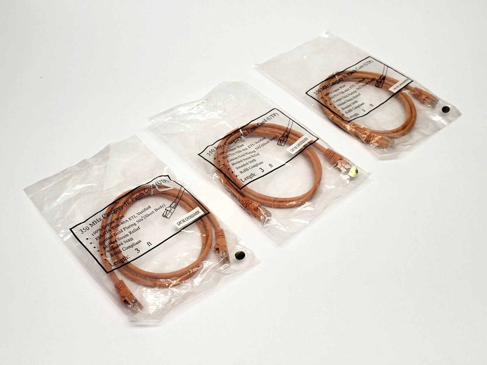 Molded 568B Ethernet Cable 350MHz Category 5E 3' LOT OF 3 - New - Maverick Industrial Sales