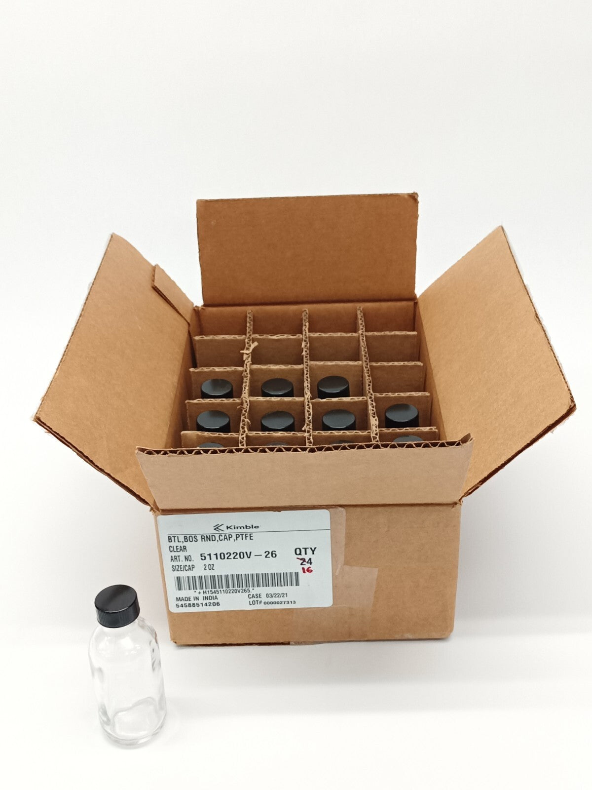 5110220V-26 | Kimble Narrow Mouth Clear Glass Bottles 2 oz PKG OF 16- New – Open box - Maverick Industrial Sales