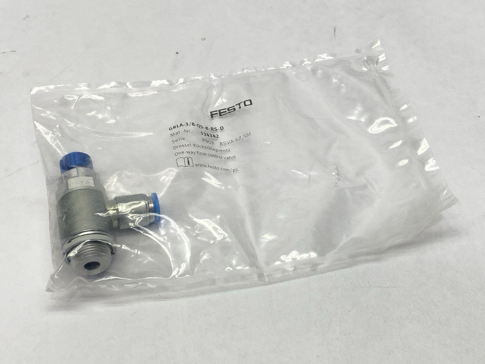 Festo GRLA-3/8-QS-8-RS-D One Way Flow Control Valve QS-8 534342 - New - Maverick Industrial Sales