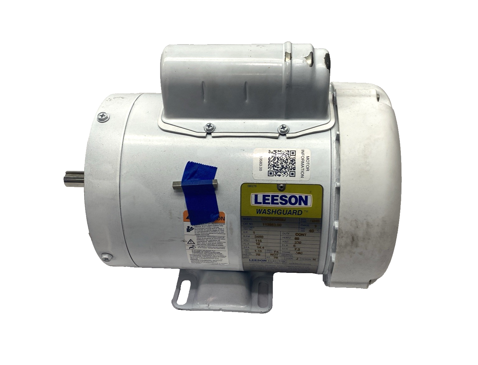 Leeson 113583.00 Washguard Motor 1HP 1PH 115/230V 3450 RPM 5/8" Shaft C6C34WK6M - Maverick Industrial Sales