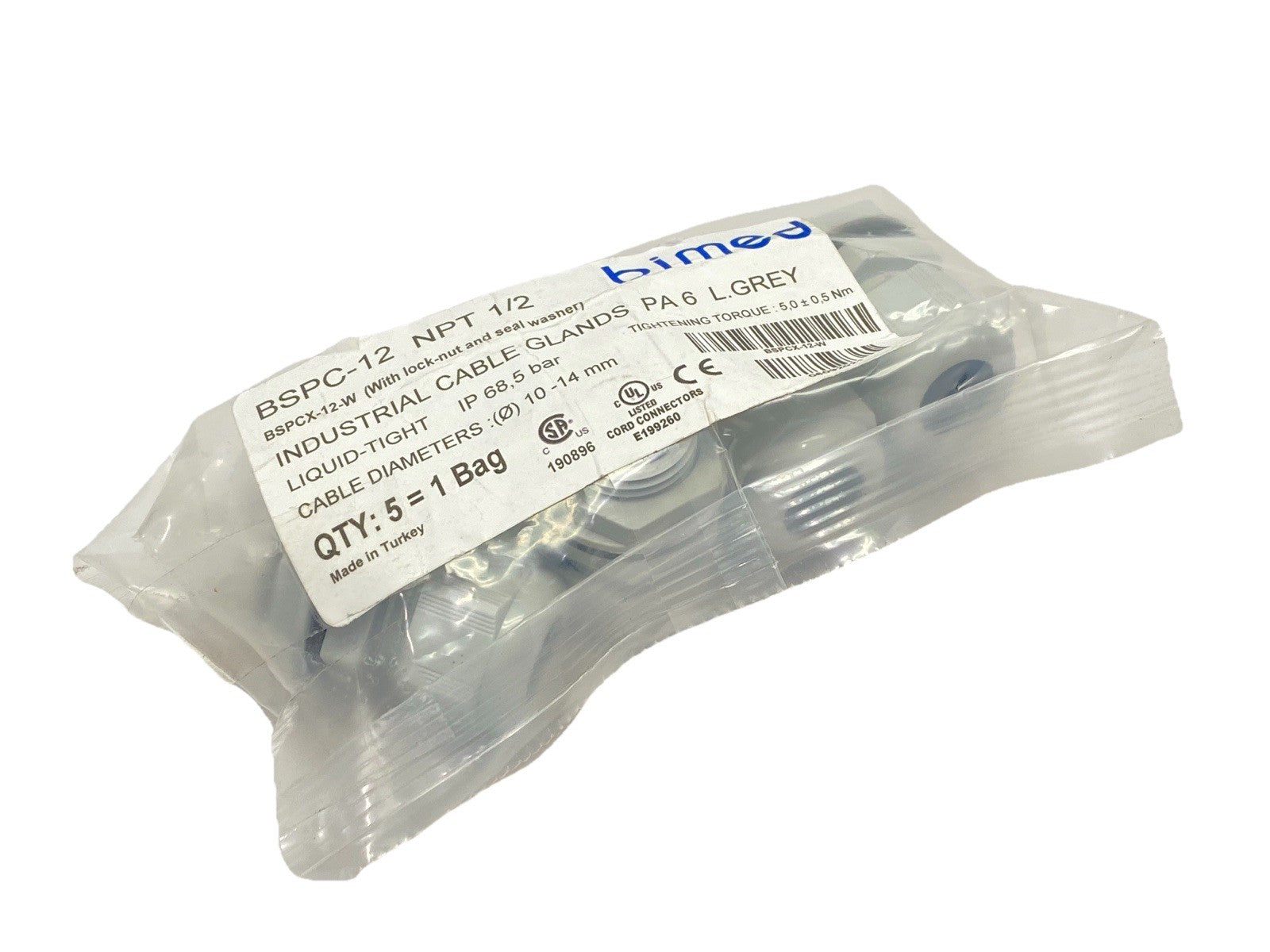 BSPC-12 NPT 1/2 | Bimed Industrial Cable Glands PA 6 L.Grey PKG OF 5 - New - Maverick Industrial Sales