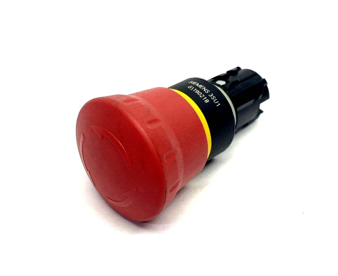 Siemens 3SU10001HB200AA0 Emergency Stop Mushroom Pushbutton, Rotate-To-Unlatch - Used - Maverick Industrial Sales