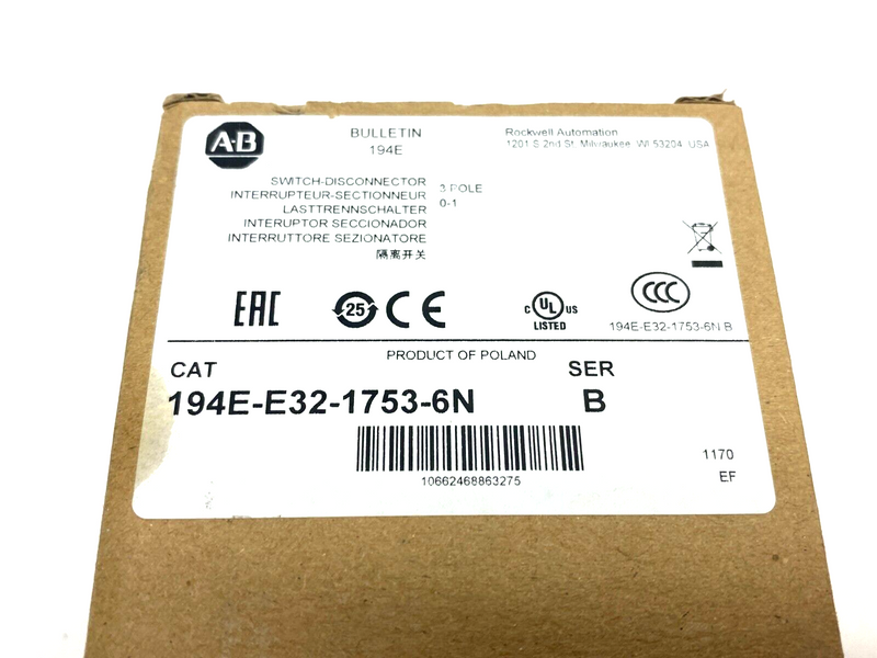 Allen Bradley 194E-E32-1753-6N Ser. B Disconnect Load Switch 3-Pole 32A - Maverick Industrial Sales