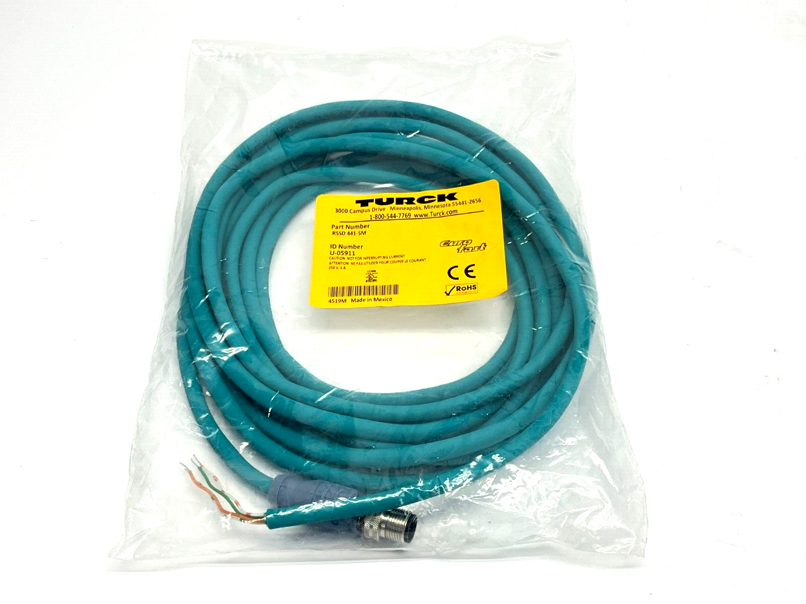Turck RSSD 441-5M Eurofast Ethernet Cordset M12 Male 4-Pin 5m Length U-05911 - New - Maverick Industrial Sales