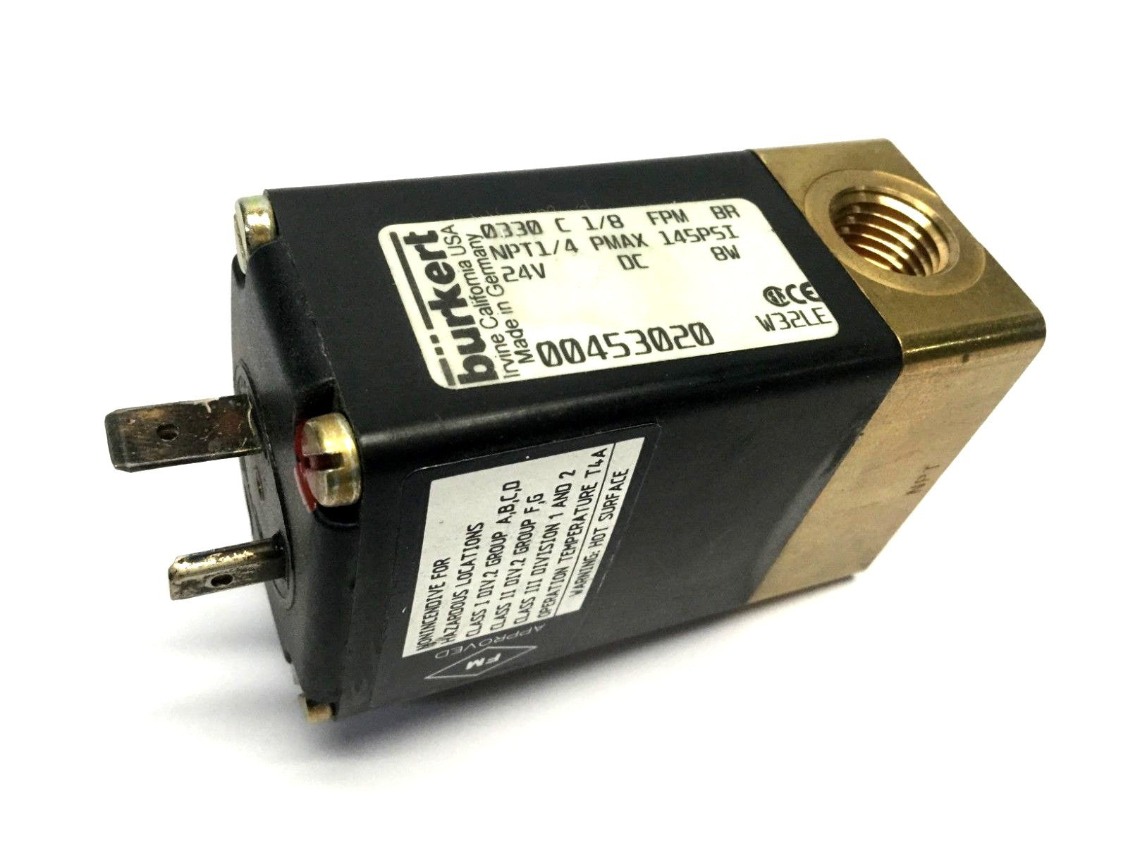 0330 C 1/8 FKM BR | Burkert 0330 C 1/8 FPM BR Solenoid Valve NPT1/4 PMAX 145 PSI - Used - Maverick Industrial Sales