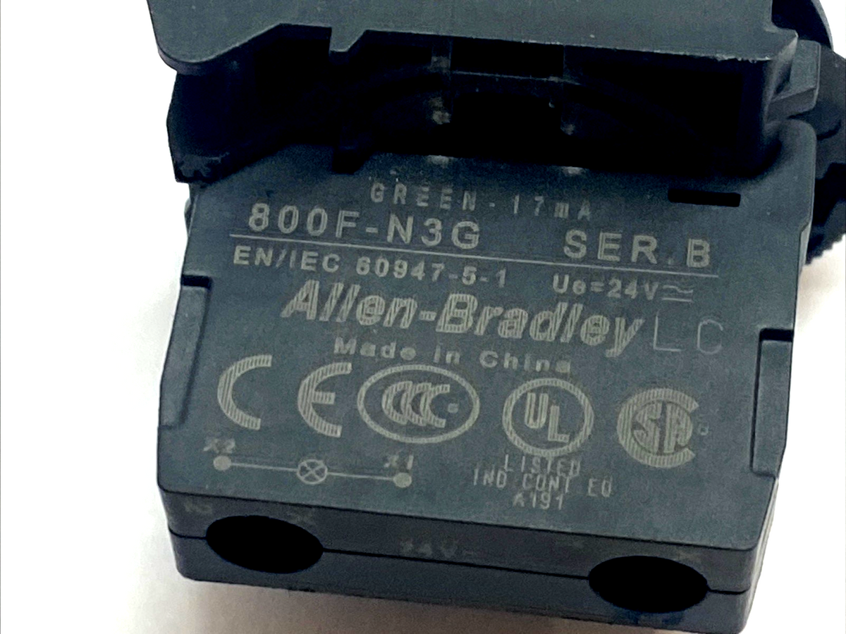 800FD-E3X11 | Allen-Bradley Green 22mm Momentary Push Button w/ 800F-N3G 24V LED - Used - Maverick Industrial Sales