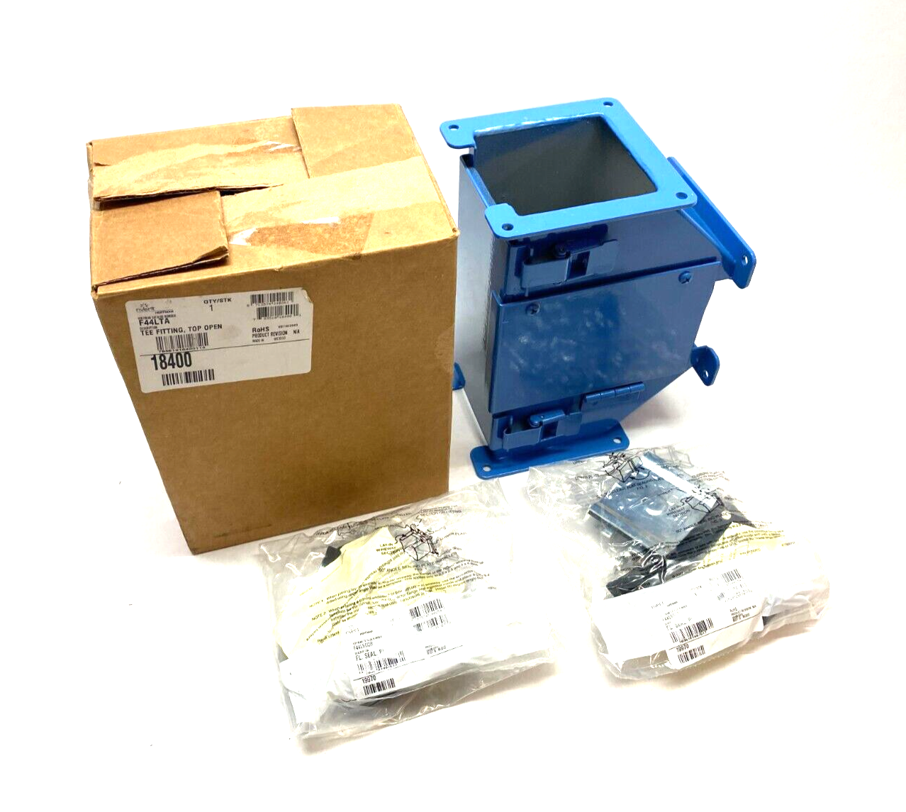 Hoffman F44LTC nVent Lay-In Tee Fitting, Top Out Open Hinged Cover PAINTED BLUE - New – Open box - Maverick Industrial Sales