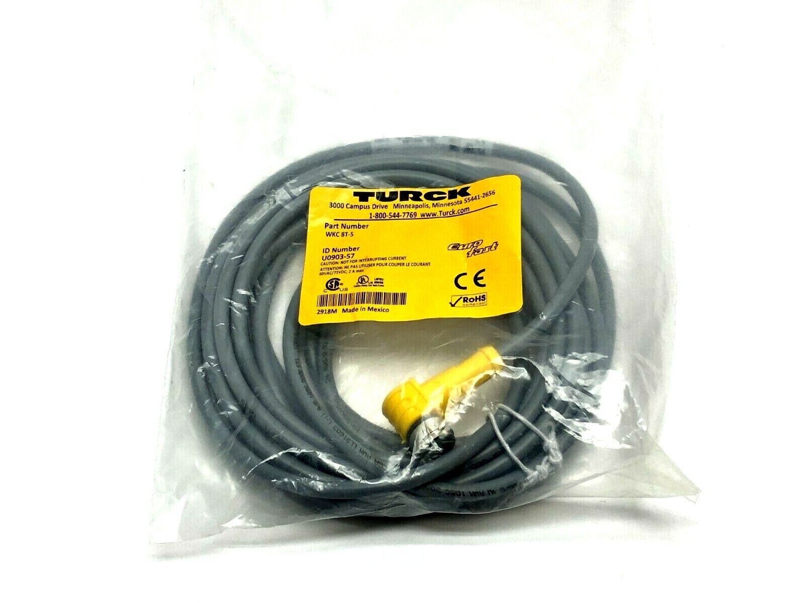 Turck WKC 8T-5 Single-ended Cordset Right angle Female Connector U0903-57 - New – Open box - Maverick Industrial Sales