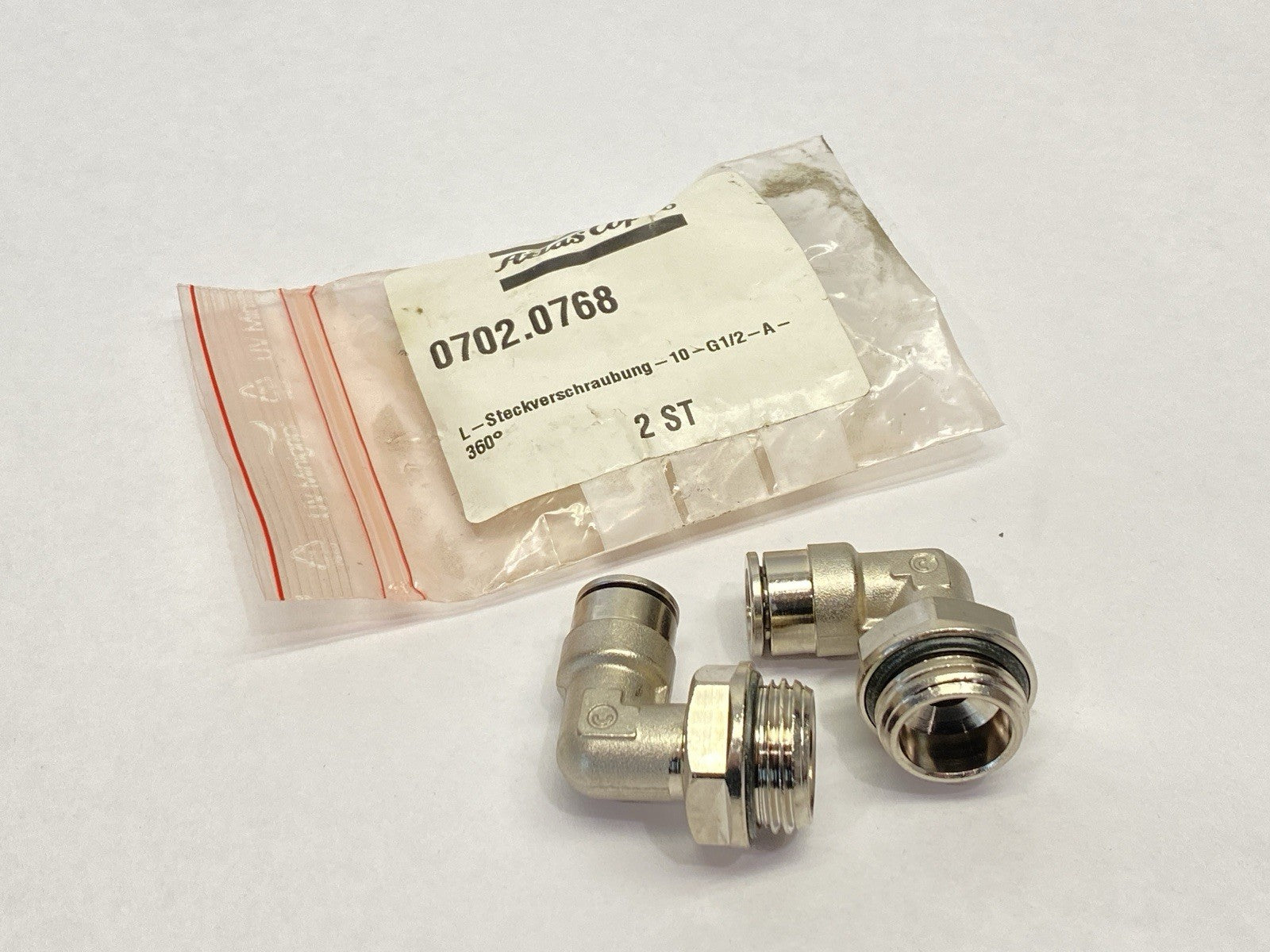 Atlas Copco 0702.0768 Plug-In L Fitting 10-G1/2-A-360 LOT OF 2 - New – Open box - Maverick Industrial Sales