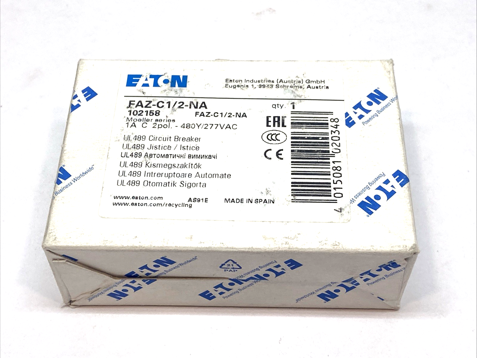 Eaton FAZ-C1/2-NA Miniature Circuit Breaker 2-Pole C-Curve 1A 102158 - Maverick Industrial Sales