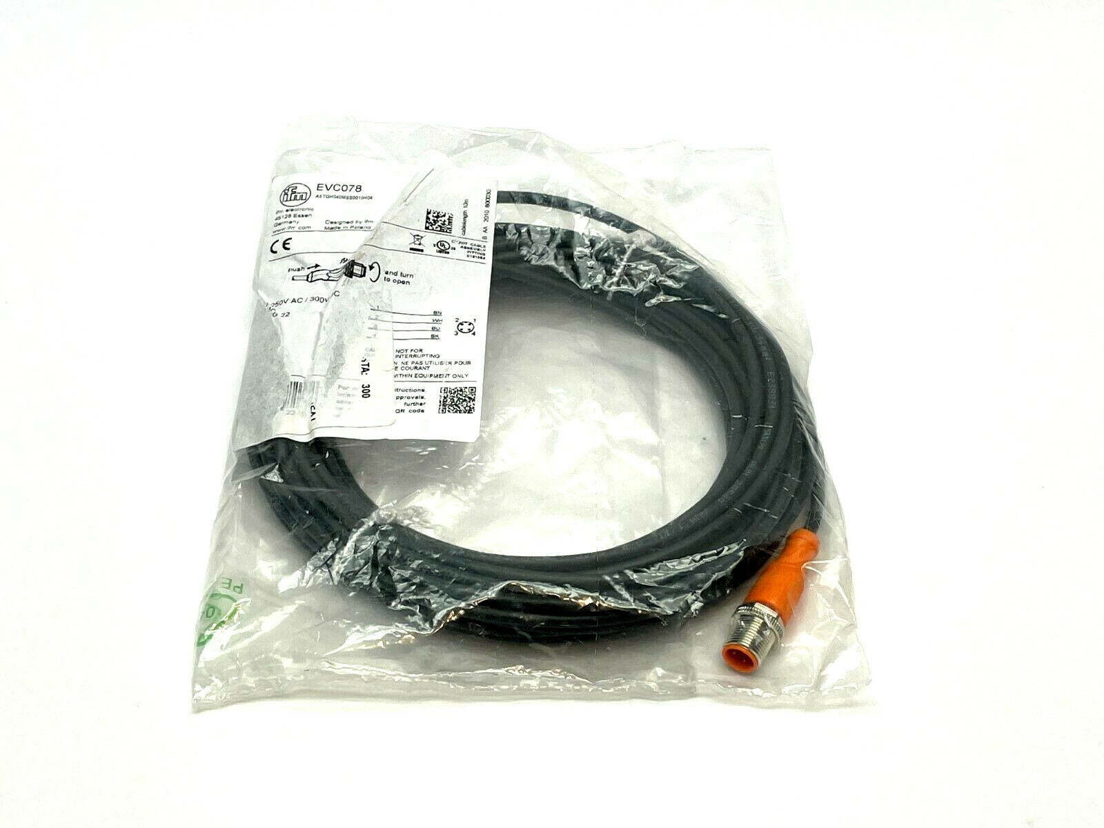 IFM EVC078 Male Cordset 10m Length M12 Connector ASTGH040MSS0010H04 - New – Open box - Maverick Industrial Sales