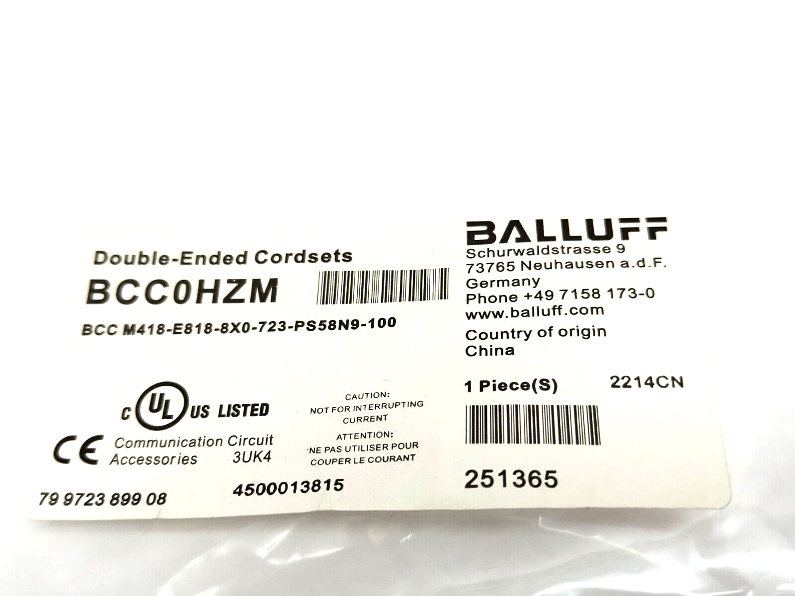 Balluff BCC0HZM Cordset M12 Male 8-Pin To RJ45 BCC M418-E818-8X0-723-PS58N9-100 - New – Open box - Maverick Industrial Sales