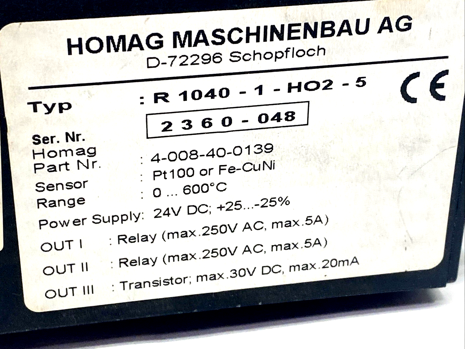Homag R 1040-1-HO2-5 Temperature Controller 24VDC 4-008-40-0139 - Used - Maverick Industrial Sales