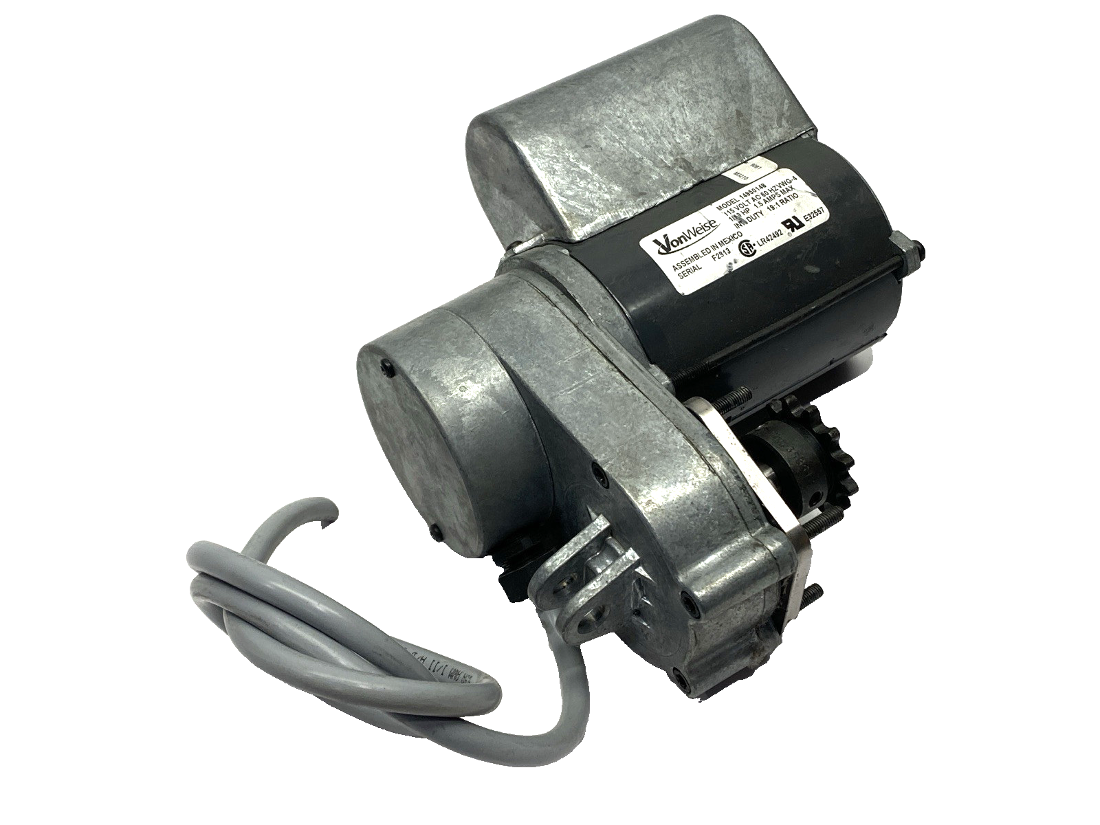 VonWeise 14950148 GearMotor 115V AC 1/10HP 1.5A 19:1 Ratio VWG-4 CUT CONNECTOR - Used - Maverick Industrial Sales