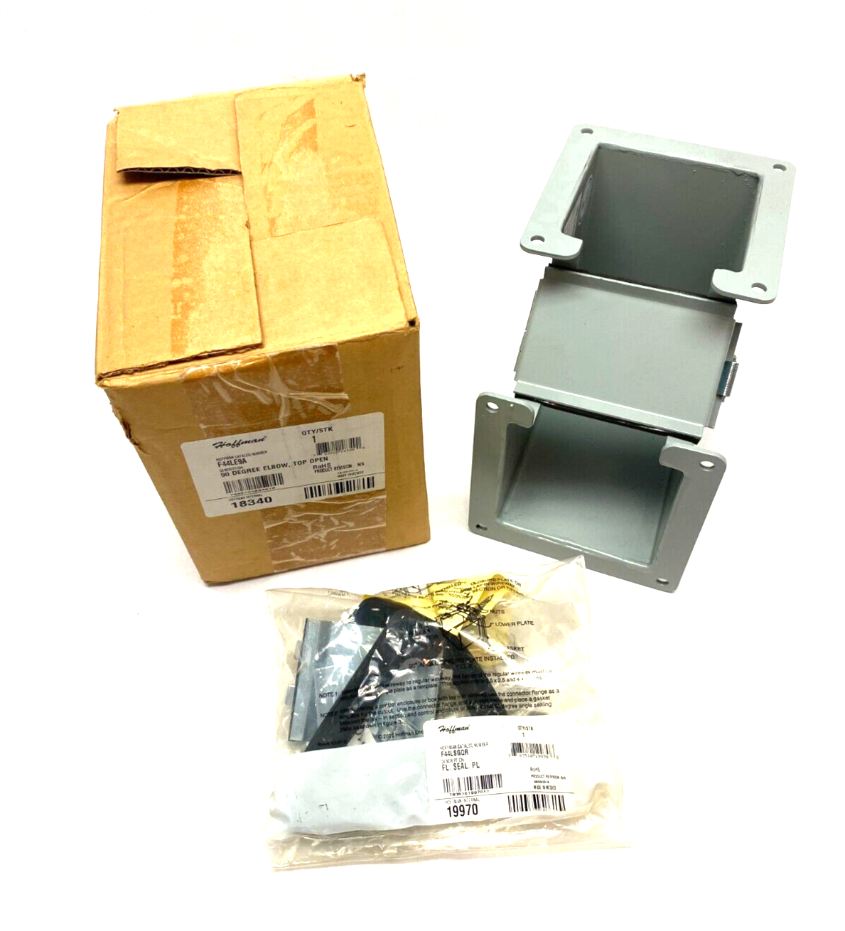 Hoffman F44LE9A nVent 90-Degree Elbow Wireway Fitting, Top Open Gray Steel - New – Open box - Maverick Industrial Sales