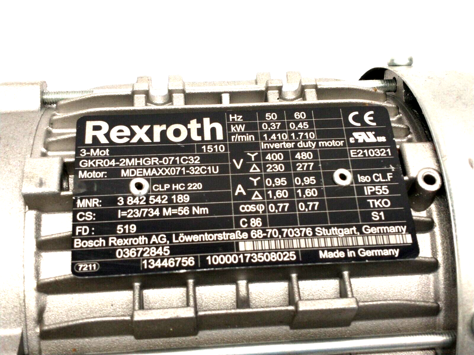 Bosch Rexroth 3842542189 Gearmotor MDEMAXX071-32C1U .45kW GKR04-2MHGR-071C32 - Maverick Industrial Sales