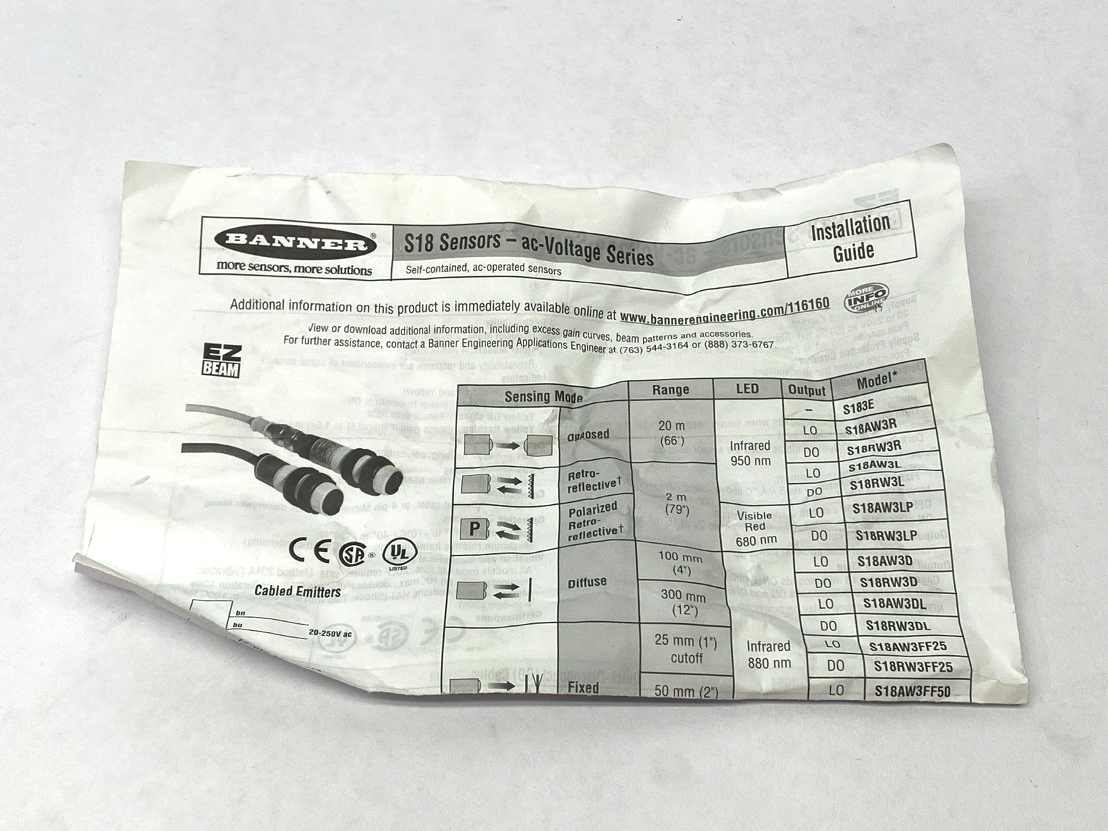 S18AW3FF100Q1, 33691 | Banner S18AW3FF100Q1 Photoelectric EZ-BEAM Sensor 4-Pin 230-250VAC 33691 - New – Open box - Maverick Industrial Sales
