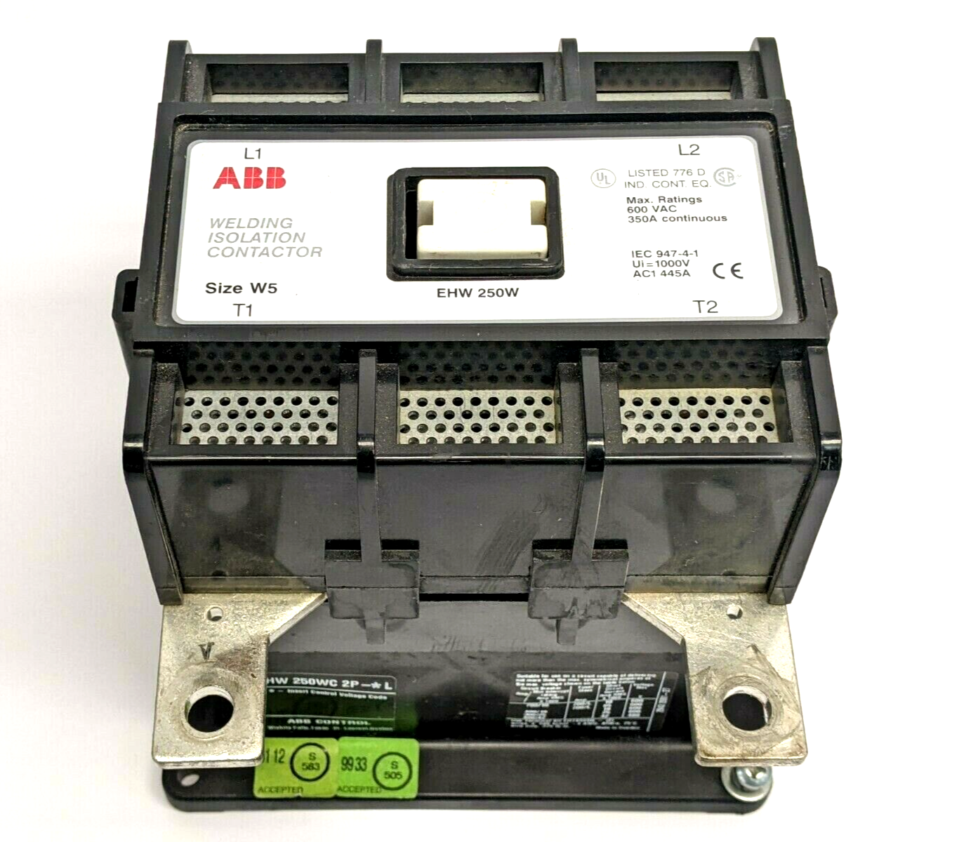 ABB EHW250WC2P-1L Welding Isolation Contactor Size W5, 600 VAC 350A Max - Maverick Industrial Sales