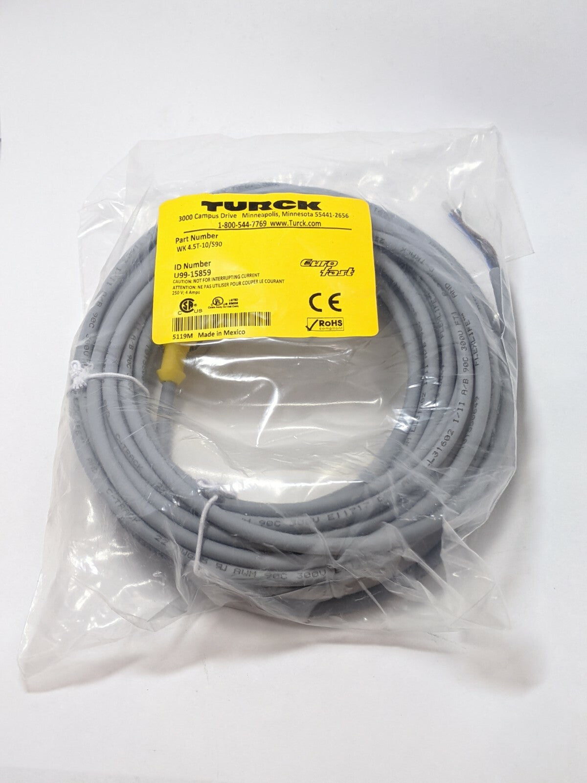 Turck WK 4.5T-10/S90 Eurofast M12 Right Angle Cordset 5 Wire 10m U99-15859 - Maverick Industrial Sales