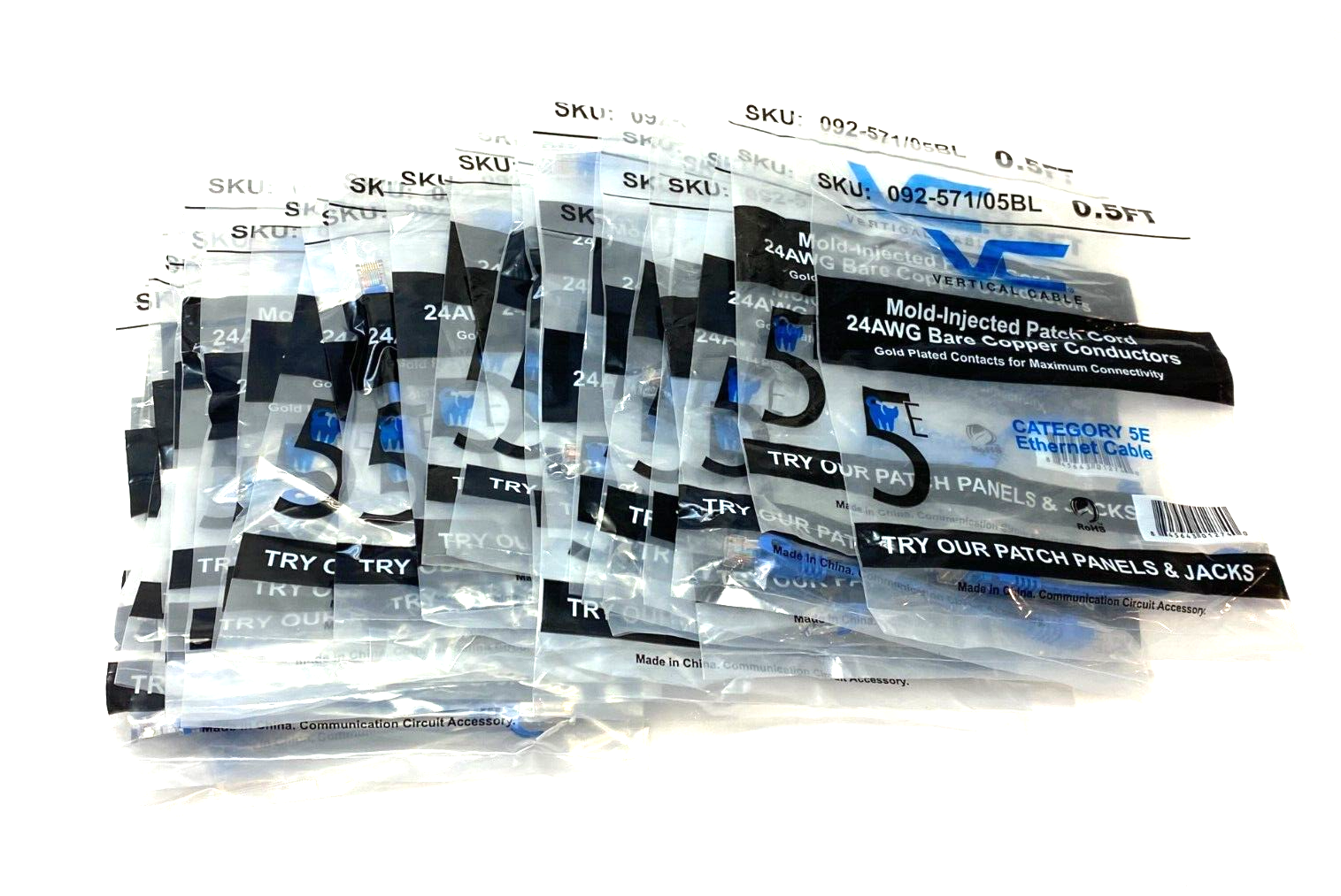 Vertical Cable 092-571/05BL Snagless Ethernet Patch Cable Cat5e 0.5" LOT OF 35 - Maverick Industrial Sales