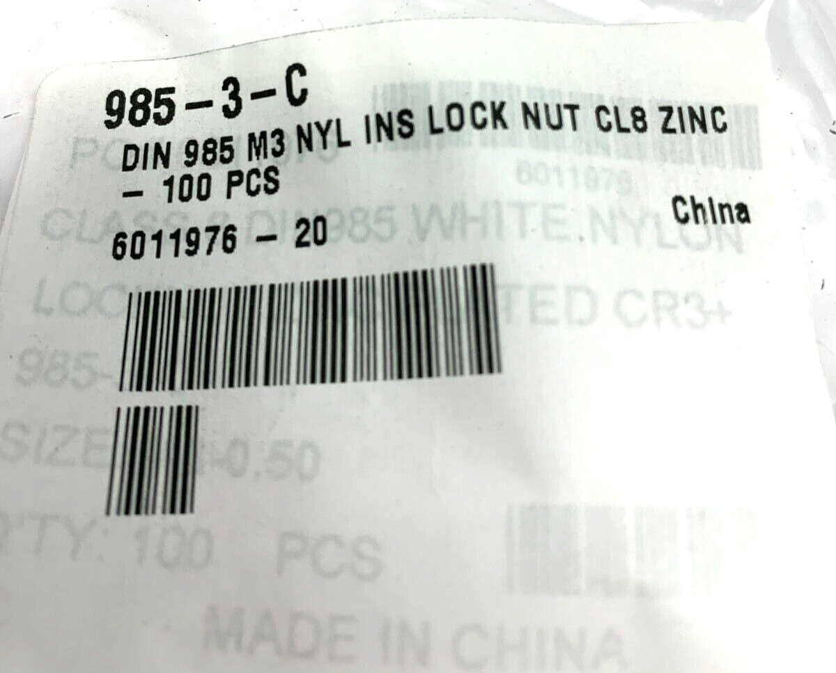 985-3-C Nylon Insert Zinc Lock Nut DIN 985 M3 CL8 PACK OF 100 - New - Maverick Industrial Sales