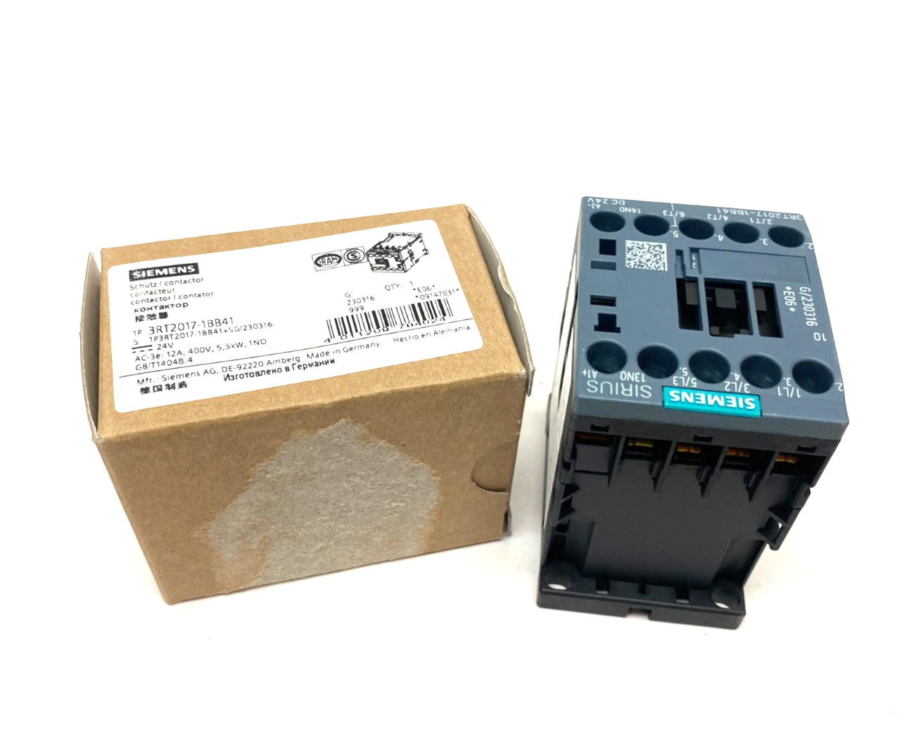 Siemens 3RT2017-1BB41 Sirius Contactor 12A, 400V, 5.5kW, 1NO - Maverick Industrial Sales