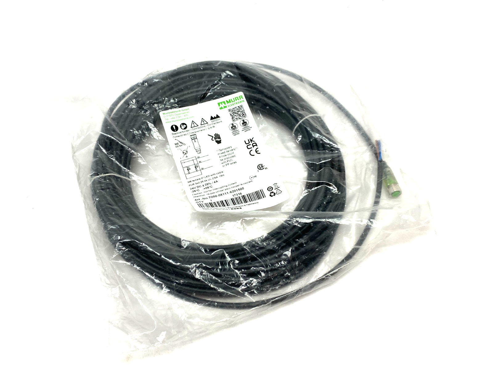 Murrelektronik 7000-08111-6201500 Single Ended M8 Female Cordset 0° A-cod 15m - Maverick Industrial Sales