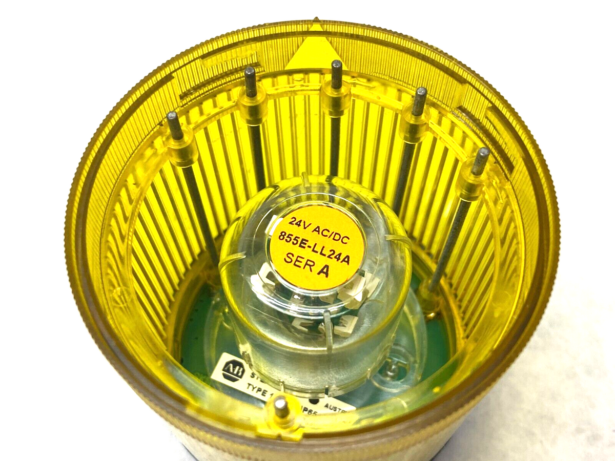 855T-B24DN8, 855E-LL24A | Allen Bradley 855T-B24DN8 Ser. B Steady Incandescent Stack Light Yellow 24V - Used - Maverick Industrial Sales