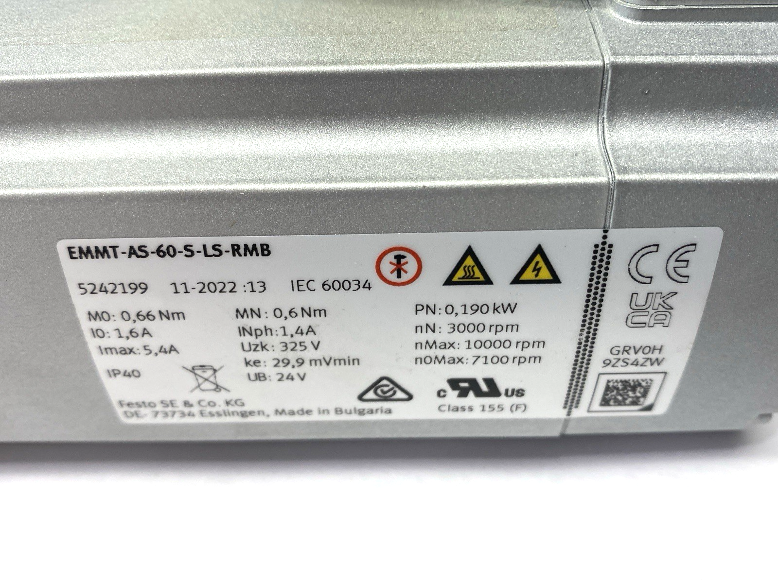 Festo EMMT-AS-60-S-LS-RMB Servo Motor, AC Synchronous, 60mm Flange 190W 5242199 - Maverick Industrial Sales