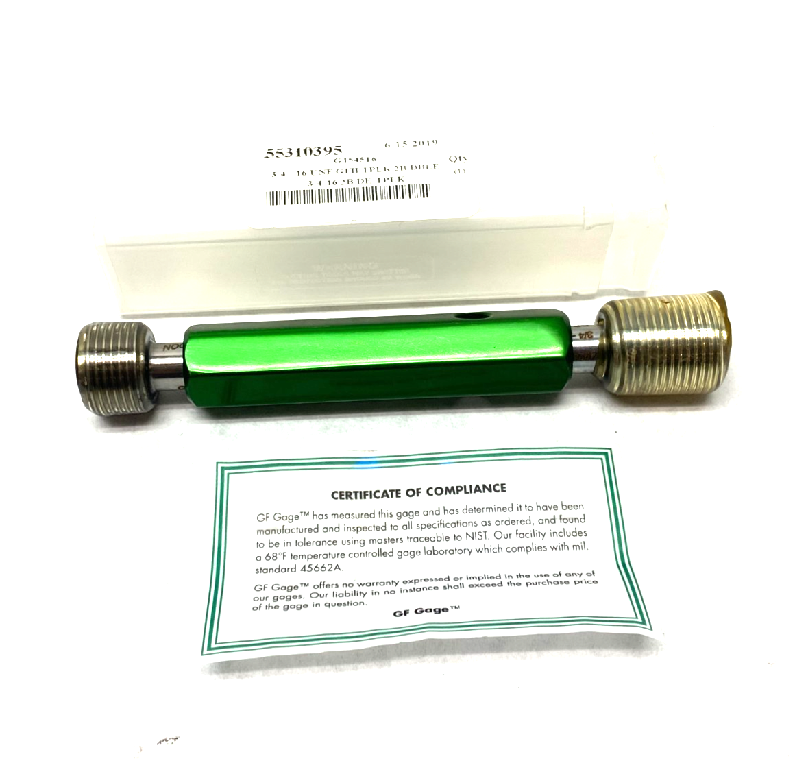 W0750162BS | GF Gage Plug Thread Gage: 3/4-16 Thread, 2B Class, Double End G/NG - New - Maverick Industrial Sales