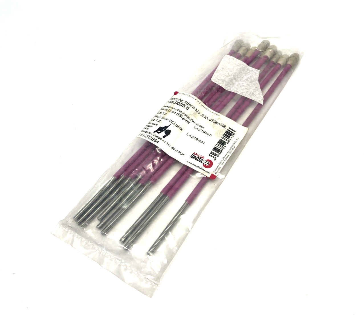 Abicor Binzel 149.0003 Steel Wire Neck-Liner 45 Deg. BSLpnk 0.8-1.2 L=219mm 9-PK - Maverick Industrial Sales