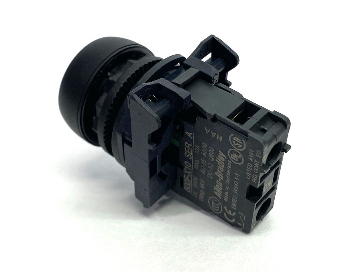 800F-X10,800F-ALP,800FP-E2 | Allen Bradley 800FP-E2 Pushbutton Black w/ 800F-ALP Latch 800F-X10 Ser A Contact - Used - Maverick Industrial Sales